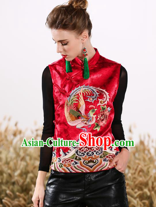 Chinese National Costume Traditional Embroidered Phoenix Peony Red Vests Waistcoat for Women
