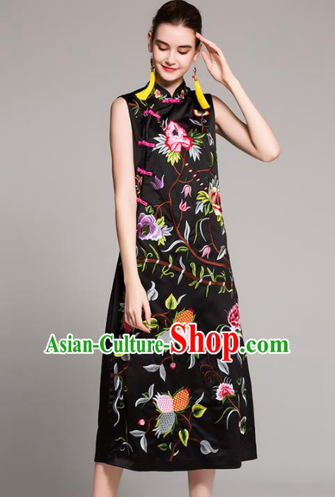 Chinese National Costume Embroidered Black Qipao Dress Sleeveless Cheongsam for Women