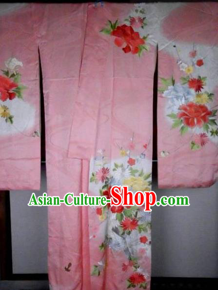 Ancient Japanese Palace Printing Pink Furisode Kimonos Traditional Yukata Dress Formal Costume for Women