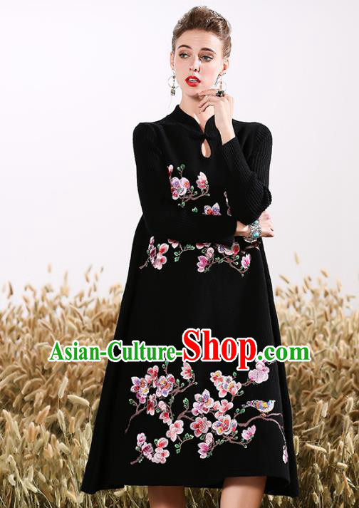 Chinese National Costume Embroidered Peach Blossom Qipao Dress Cheongsam for Women