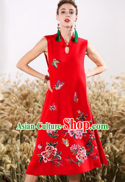 Chinese National Costume Embroidered Peony Butterfly Red Qipao Dress Cheongsam for Women