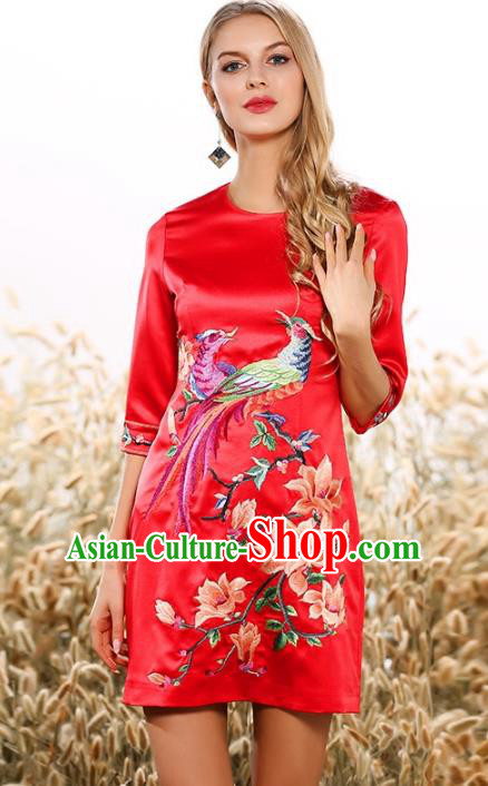 Chinese National Costume Embroidered Red Silk Qipao Dress Cheongsam for Women