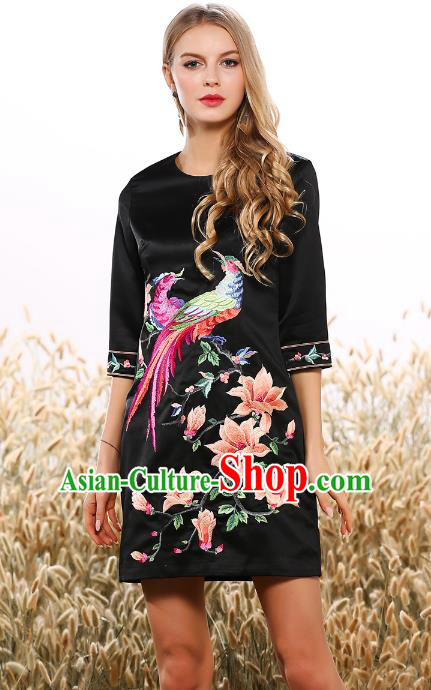 Chinese National Costume Embroidered Black Silk Qipao Dress Cheongsam for Women