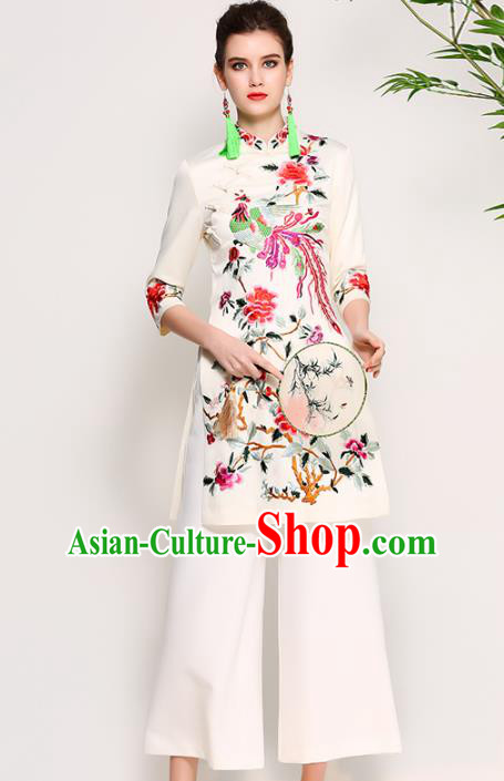 Chinese National Costume Embroidered Phoenix Peony White Qipao Dress Cheongsam for Women