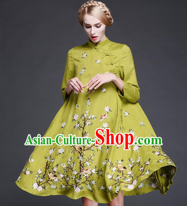 Chinese National Costume Embroidered Flowers Birds Green Qipao Dress Cheongsam for Women