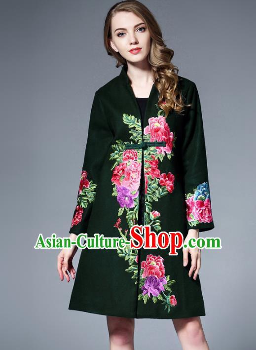 Chinese National Costume Green Wool Coats Traditional Embroidered Peony Dust Coats for Women