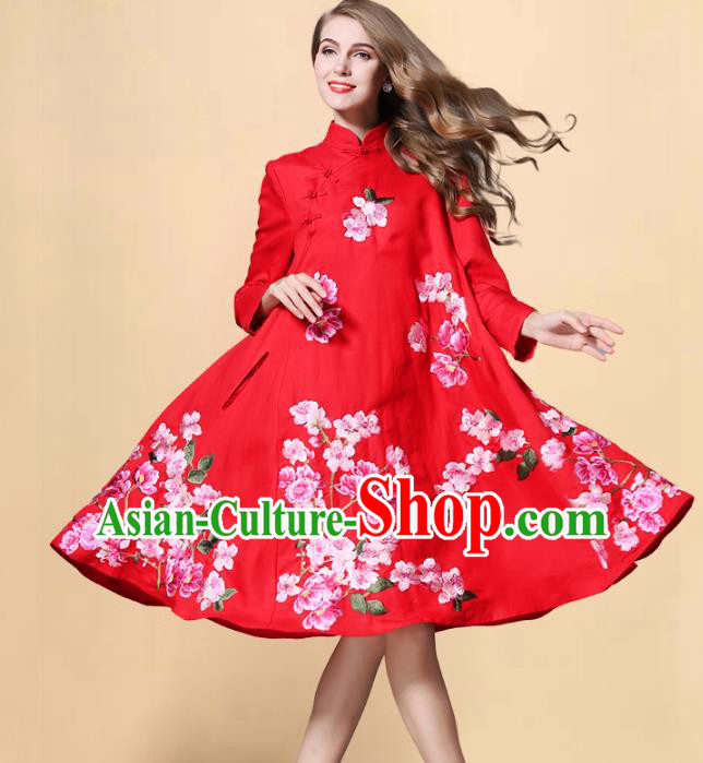 Chinese National Costume Embroidered Peach Blossom Red Qipao Dress Stand Collar Cheongsam for Women