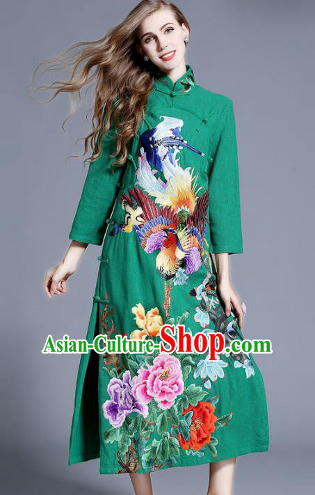 Chinese National Costume Stand Collar Green Cheongsam Embroidered Peony Qipao Dress for Women