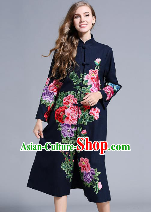 Chinese National Costume Navy Plated Buttons Coats Traditional Embroidered Peony Dust Coats for Women
