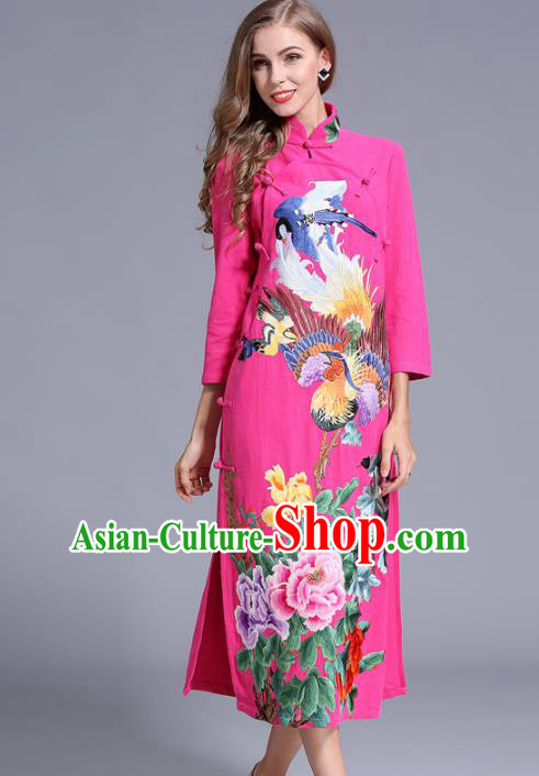 Chinese National Costume Stand Collar Pink Cheongsam Embroidered Peony Qipao Dress for Women