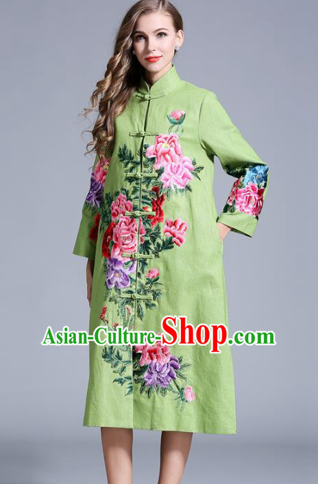 Chinese National Costume Green Plated Buttons Coats Traditional Embroidered Peony Dust Coats for Women