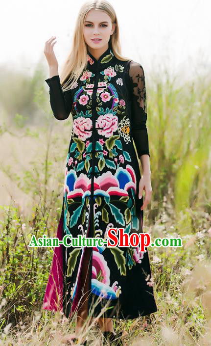 Chinese National Costume Traditional Embroidered Peony Black Vest Coat for Women