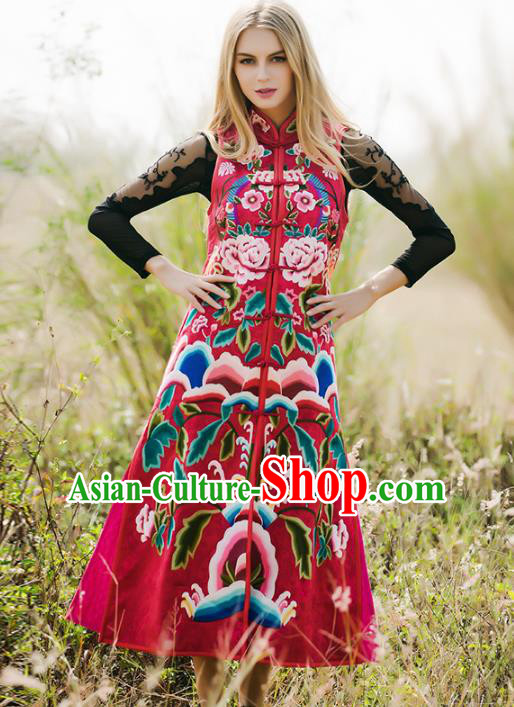 Chinese National Costume Traditional Embroidered Peony Red Vest Coat for Women
