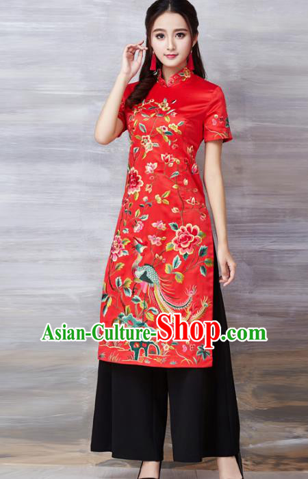 Chinese National Costume Red Cheongsam Embroidered Peony Stand Collar Qipao Dress for Women
