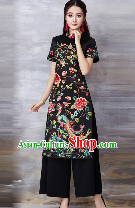 Chinese National Costume Black Cheongsam Embroidered Peony Stand Collar Qipao Dress for Women