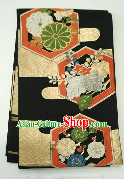 Japanese Traditional Black Waistband Kimono Yukata Dress Wafuku Embroidered Brocade Belts for Women