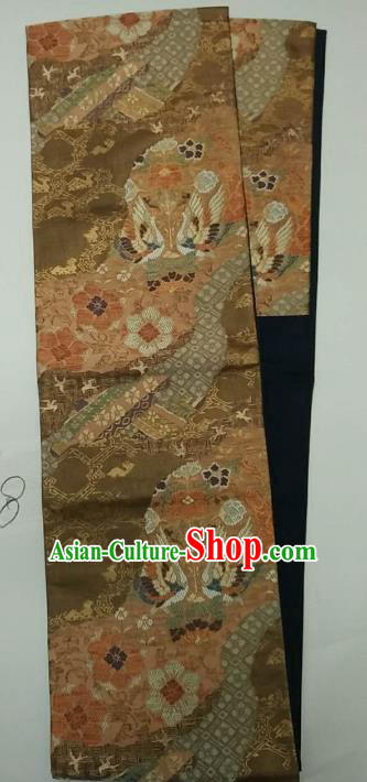 Japanese Traditional Waistband Kimono Yukata Dress Wafuku Embroidered Brown Brocade Belts for Women