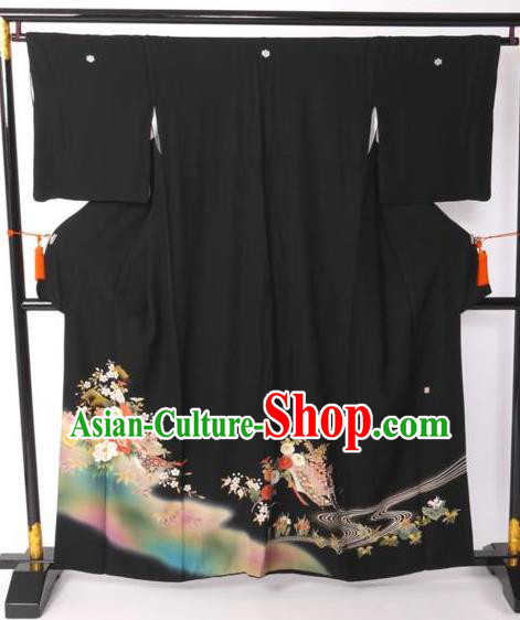 Japanese Samurai Garment Printing Kimono Palace Black Yukata Robe Traditional Wafuku Hakama Costume for Men