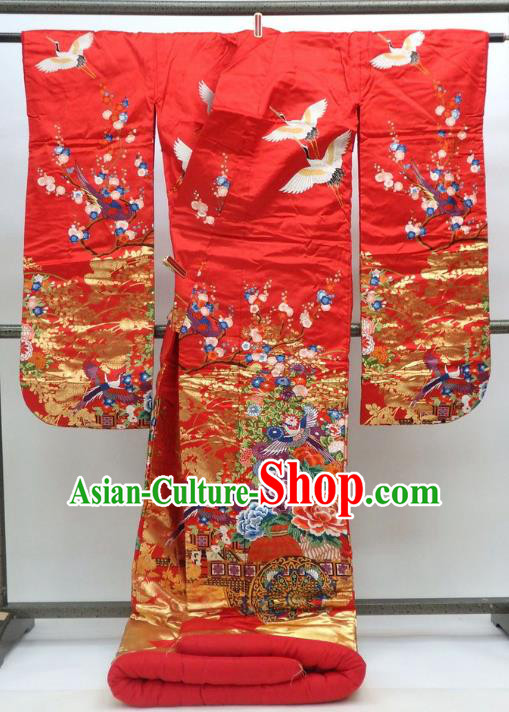 Ancient Japanese Empress Hanayome Garment Palace Red Furisode Kimonos Traditional Yukata Dress Costume for Women