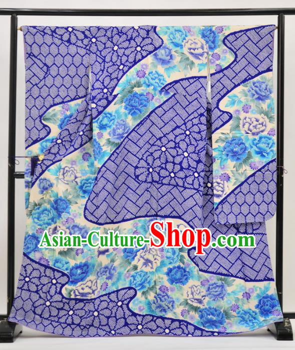 Ancient Japanese Geisha Garment Palace Blue Furisode Kimonos Traditional Yukata Dress Costume for Women