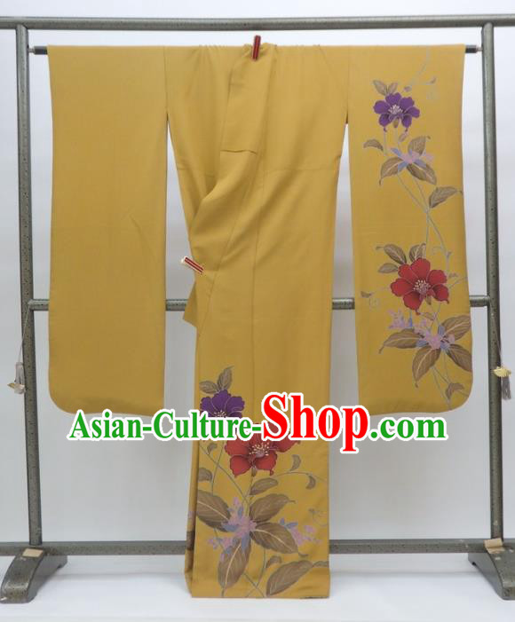 Ancient Japanese Geisha Garment Yellow Furisode Kimonos Traditional Yukata Dress Costume for Women