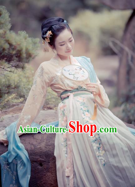 Traditional Chinese Ancient Tang Dynasty Palace Princess Embroidered Costume Hanfu Dress for Women