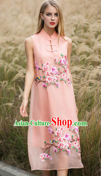Chinese National Costume Pink Silk Cheongsam Embroidered Peach Blossom Qipao Dress for Women