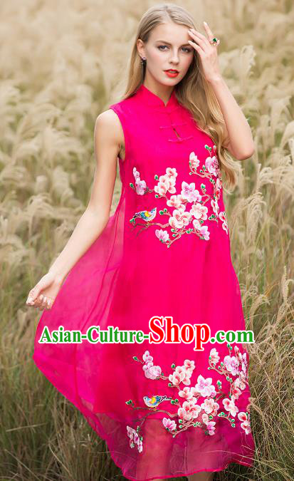 Chinese National Costume Rosy Silk Cheongsam Embroidered Peach Blossom Qipao Dress for Women