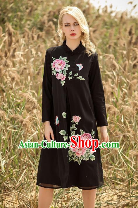 Chinese National Costume Black Cheongsam Embroidered Peony Qipao Dress for Women