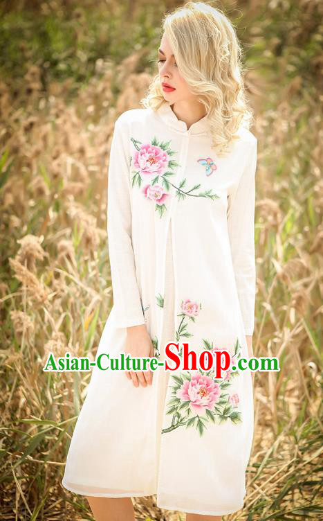 Chinese National Costume White Cheongsam Embroidered Peony Qipao Dress for Women