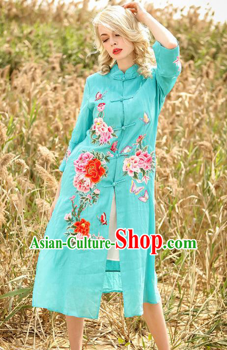 Chinese National Costume Blue Cardigan Cheongsam Embroidered Peony Qipao Dress for Women