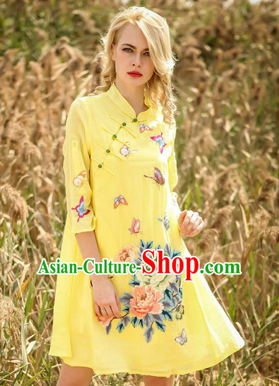 Chinese National Costume Yellow Cheongsam Embroidered Peony Butterfly Qipao Dress for Women
