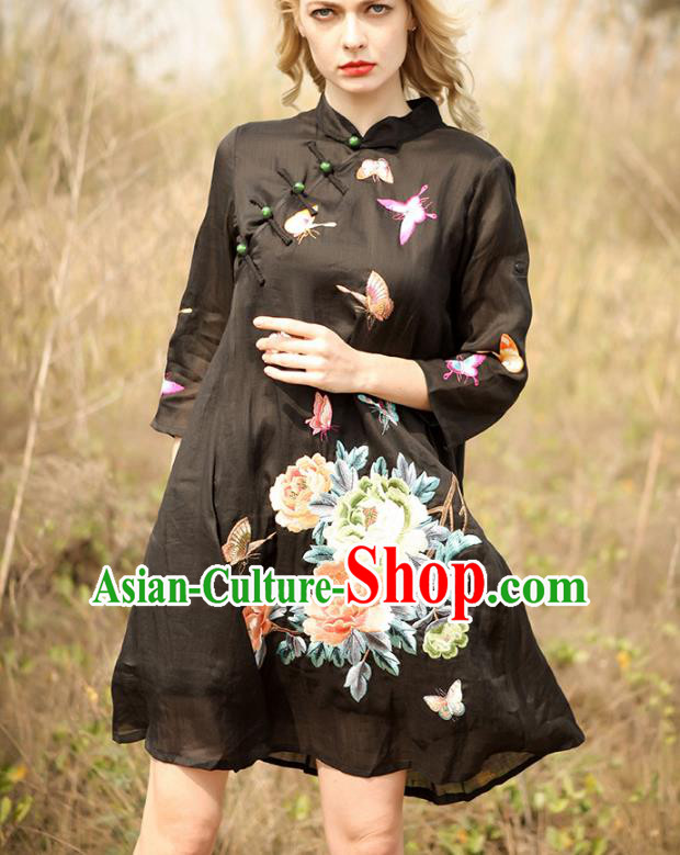 Chinese National Costume Black Cheongsam Embroidered Peony Butterfly Qipao Dress for Women