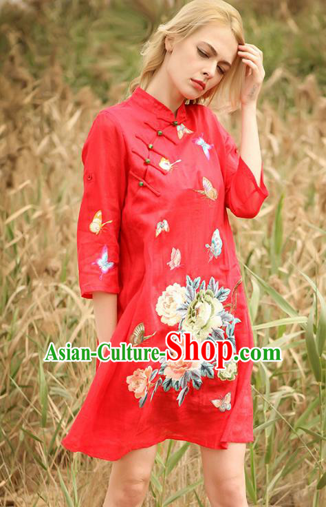 Chinese National Costume Red Cheongsam Embroidered Peony Butterfly Qipao Dress for Women
