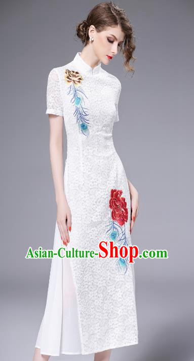 Chinese National Costume White Lace Cheongsam Embroidered Qipao Dress for Women