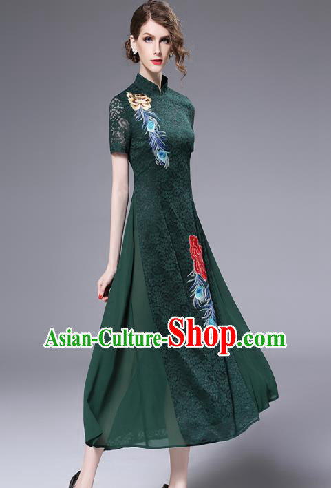 Chinese National Costume Green Lace Cheongsam Embroidered Qipao Dress for Women