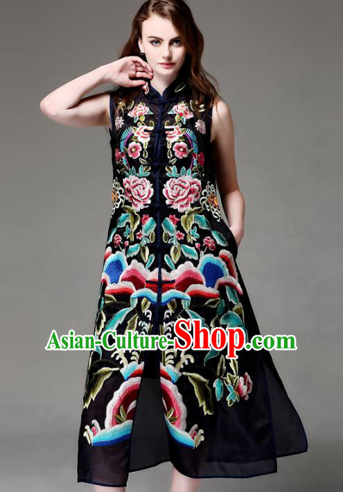 Chinese National Costume Black Sleeveless Cheongsam Embroidered Peony Qipao Dress for Women