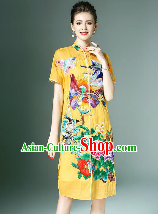 Chinese National Costume Yellow Embroidered Peony Cheongsam Qipao Dress for Women