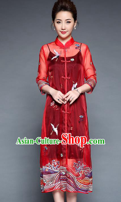 Chinese National Costume Red Plated Buttons Coats Traditional Embroidered Cardigan for Women