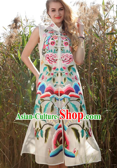 Chinese National Costume White Sleeveless Cheongsam Embroidered Peony Qipao Dress for Women