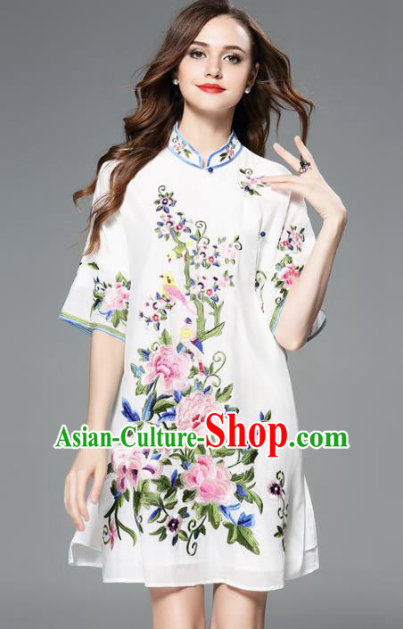 Chinese National Costume Embroidered Peony Cheongsam White Qipao Dress for Women