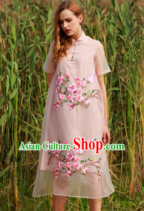 Chinese National Costume Embroidered Peach Blossom Cheongsam Pink Qipao Dress for Women