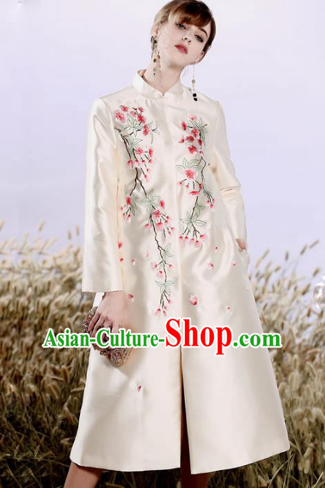 Chinese National Costume Plated Buttons White Coats Traditional Embroidered Dust Coat for Women