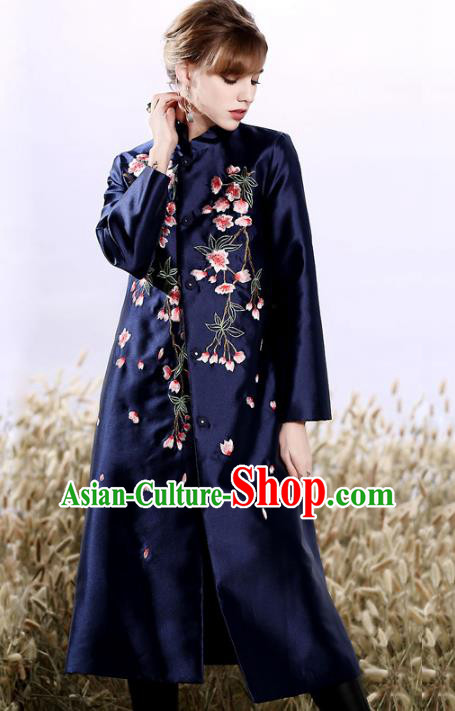 Chinese National Costume Plated Buttons Navy Coats Traditional Embroidered Dust Coat for Women