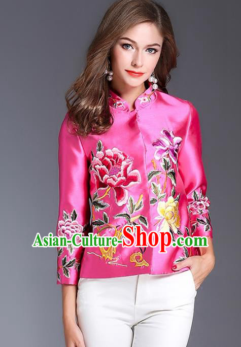Chinese National Costume Traditional Embroidered Peony Blouse Pink Shirts for Women