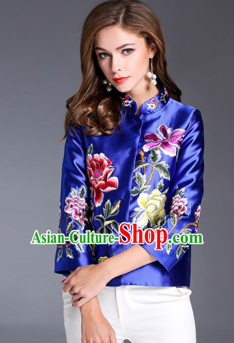 Chinese National Costume Traditional Embroidered Peony Blouse Blue Shirts for Women