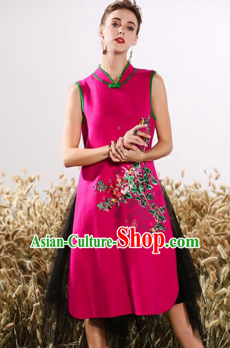 Chinese National Costume Embroidered Stand Collar Cheongsam Vintage Rosy Qipao Dress for Women