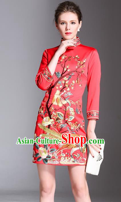Chinese National Costume Stand Collar Embroidered Cheongsam Vintage Red Qipao Dress for Women