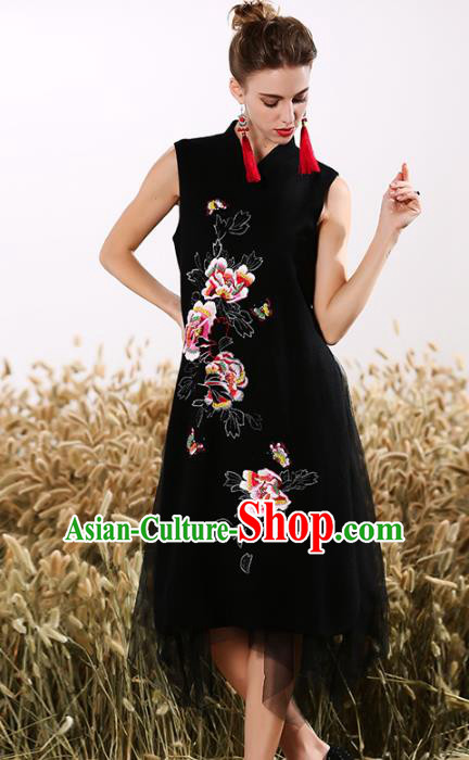 Chinese National Costume Embroidered Peony Black Cheongsam Vintage Veil Qipao Dress for Women