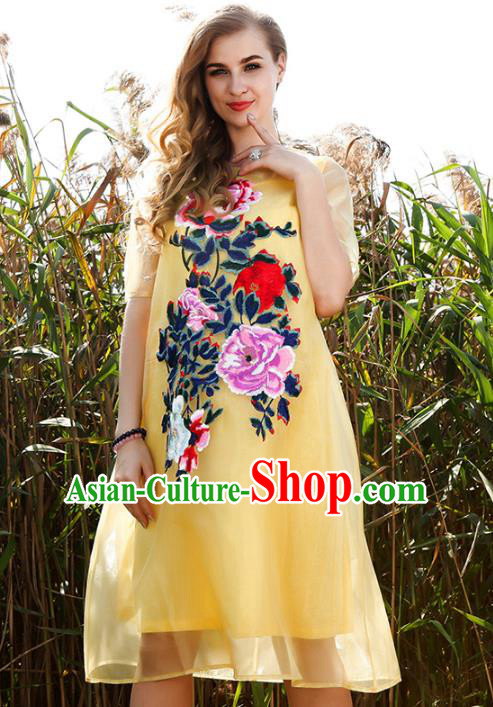 Chinese National Costume Yellow Organza Cheongsam Embroidered Peony Qipao Dress for Women